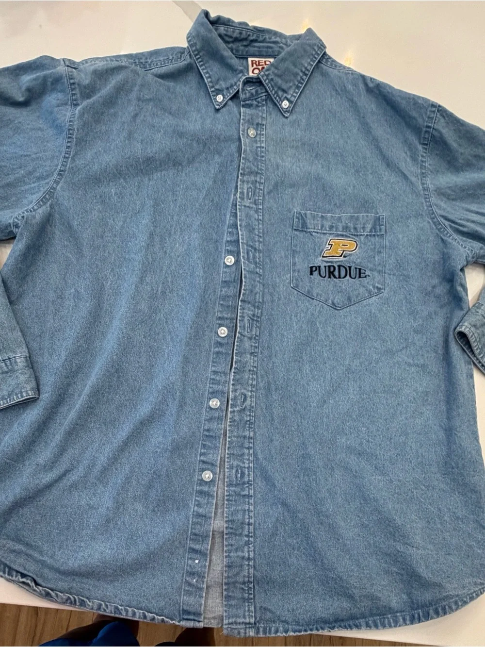 Vintage Purdue Embroidered Light Blue Denim Button-Down Shirt